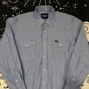 Wrangler Pearl Snap Long Sleeve Shirt Mens Medium Blue White Button Western